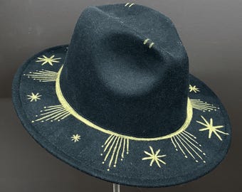 Celestial Star Fedora – Black Polyester Hat with Yellow Constellation Design, Hand-Painted Cosmic Witch Hat, Celestial Gifts