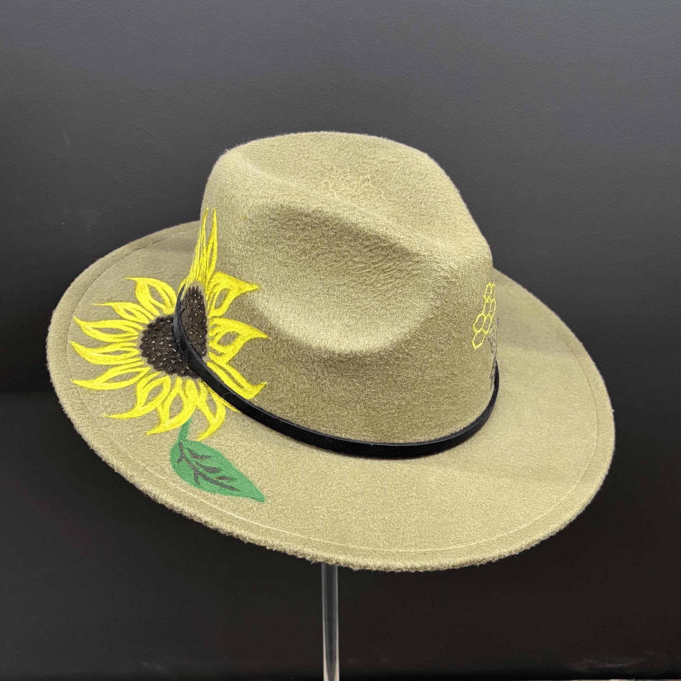 Sunflower and Bee Fedora Hat – Hand-painted Brown Polyester 