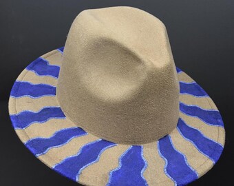 Boho Wave Brim Fedora – Brown & Purple Hand-Painted Hat, Festival Fashion, One Size Polyester Fedora, Gifts
