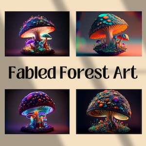 Set of 4 Neon Fantasy Mushroom Digital Art Prints - Instant Download, Printable Wall Art, 300 DPI, Vibrant Fungi Art, Dark Background