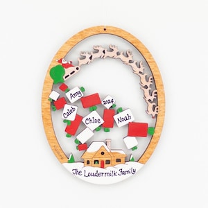 Personalized Santa&#39;s Sleigh Dropping Presents Christmas Ornament- Wood, Laser Cut, Hand Painted