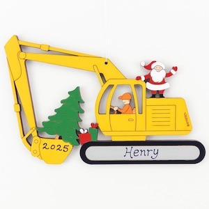 Personalized Christmas Excavator Construction Ornament- Wood, Laser Cut, Hand Painted