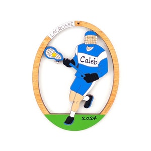 Personalized Lacrosse Christmas Ornament for Boy with Custom Colors-Wood, Hand Painted, Laser Cut