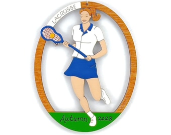 Personalized Lacrosse Christmas Ornament for Girl with Custom Colors-Wood, Hand Painted, Laser Cut