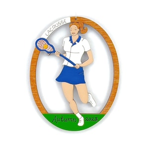 Personalized Lacrosse Christmas Ornament for Girl with Custom Colors-Wood, Hand Painted, Laser Cut