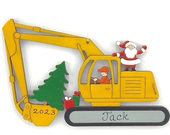 Personalized Christmas Excavator Construction Ornament- Wood, Laser Cut, Hand Painted