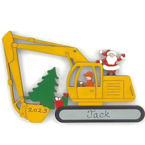 Personalized Christmas Excavator Construction Ornament Wood, Laser Cut, Hand Painted image 1