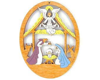 Nativity Christmas Ornament Manger Scene With Mary, Jesus & Joseph-Wood, Laser Cut, Hand Painted