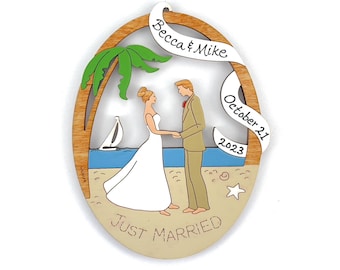 Personalized Beach Destination Wedding Couple Bride and Groom Christmas Ornament- Wood, Laser Cut, Hand Painted