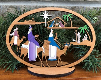 Three Kings Nativity Scene with Stand for Christmas Decor-Wood, Laser Cut, Hand Painted, Holiday Home Decor