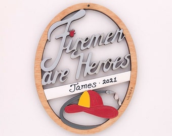 Personalized Fireman Christmas Ornament-Wood, Hand Painted, Laser Cut