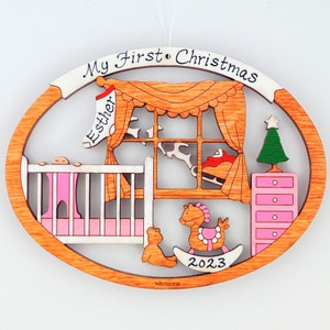 Personalized Baby's First Christmas Ornament for Baby Girl or Boy Wood, Laser Cut, Hand Painted image 3