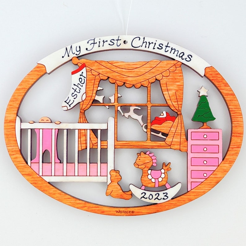 Personalized Baby's First Christmas Ornament for Baby Girl or Boy Wood, Laser Cut, Hand Painted image 3