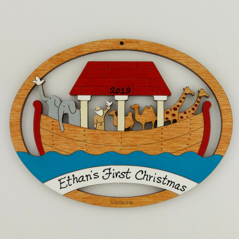 Hand Painted Personalized Noah/'s Ark Christmas Ornament Laser Cut Wood