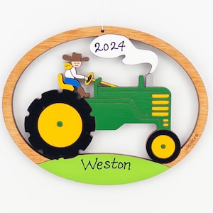 Personalized Tractor Christmas Ornament- Wood, Laser Cut, Hand Painted