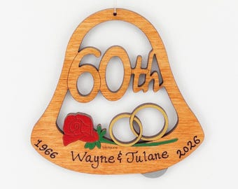 Personalized Anniversary Bell Christmas Ornament-Wood, Laser Cut, Hand Painted
