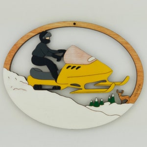 Personalized Snowmobile Christmas Ornament-Wood, Hand Painted, Laser Cut Yellow