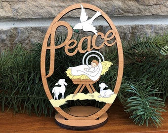 Peace Baby Jesus in Manger with Stand for Christmas Decor-Wood, Laser Cut, Hand Painted, Holiday Home Decor