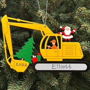 Personalized Christmas Excavator Construction Ornament Wood, Laser Cut, Hand Painted image 4