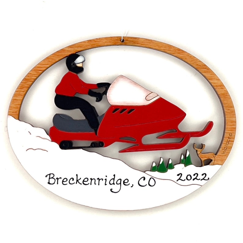 Personalized Snowmobile Christmas Ornament-Wood, Hand Painted, Laser Cut Red