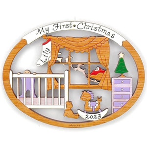 Personalized Baby's First Christmas Ornament for Baby Girl or Boy Wood, Laser Cut, Hand Painted Purple