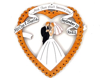 Personalized Wedding Couple Bride and Groom Heart Ornament- Wood, Laser Cut, Hand Painted