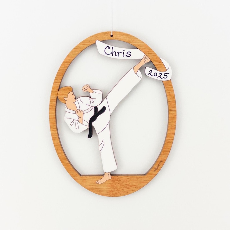 Personalized Martial Arts Karate Christmas Ornament for Boy -Wood, Hand Painted, Laser Cut Black Belt