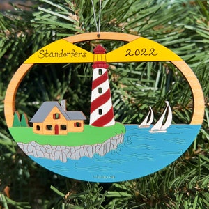 Lighthouse Summer Sailboat Scene Ornament-Wood, Laser Cut, Hand Painted image 2