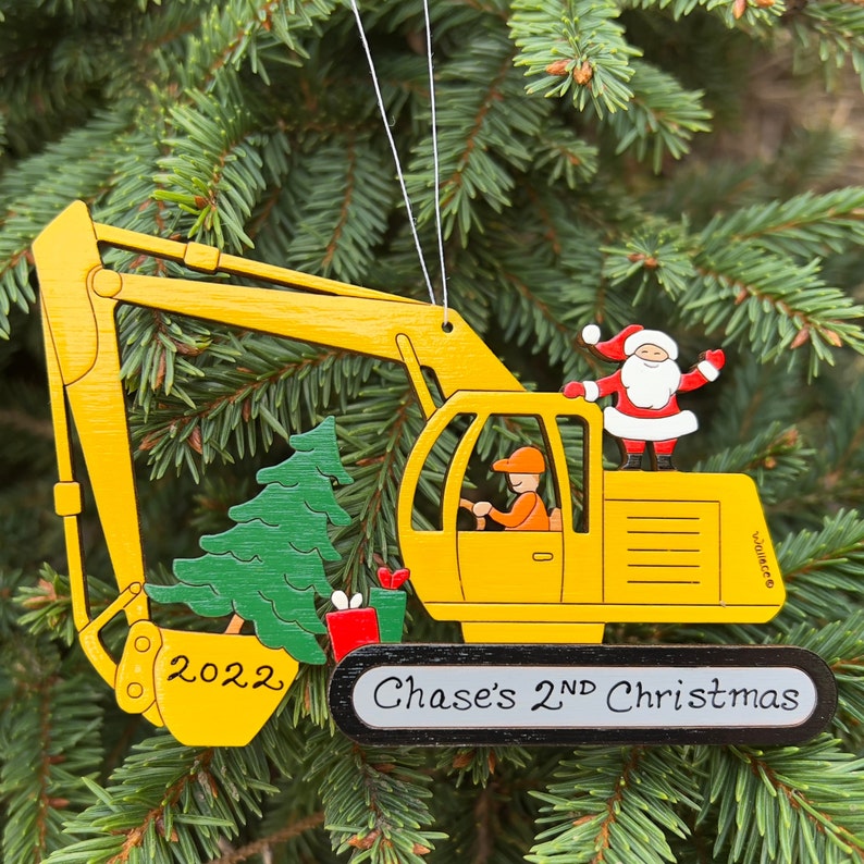 Personalized Christmas Excavator Construction Ornament Wood, Laser Cut, Hand Painted image 3