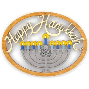 Happy Hanukkah Menorah Ornament-Wood, Laser Cut, Hand Painted