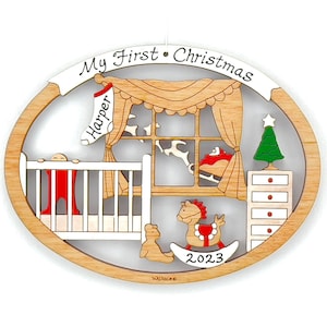 Personalized Baby's First Christmas Ornament for Baby Girl or Boy Wood, Laser Cut, Hand Painted Red