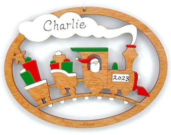 Personalized Children's Santa Train Christmas Ornament- Wood, Laser Cut, Hand Painted