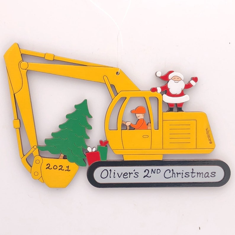 Personalized Christmas Excavator Construction Ornament Wood, Laser Cut, Hand Painted image 7