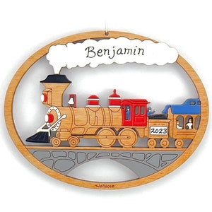 Personalized Children's Train Christmas Ornament- Wood, Laser Cut, Hand Painted