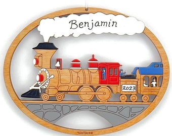 Personalized Children's Train Christmas Ornament- Wood, Laser Cut, Hand Painted