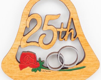 Personalized Mini 25th Anniversary Bell Christmas Ornament-Wood, Laser Cut, Hand Painted