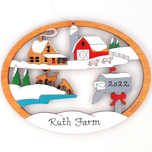 Personalized Farm Scene Christmas Ornament-Wood, Laser Cut, Hand Painted