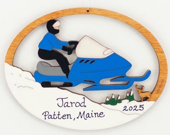 Personalized Snowmobile Christmas Ornament-Wood, Hand Painted, Laser Cut