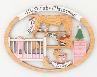 Personalized Baby's First Christmas Ornament for Baby Boy or Girl - Wood, Laser Cut, Hand Painted