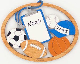 Personalized Multi Sport Lover Clipboard Christmas Ornament-Wood, Hand Painted, Laser Cut
