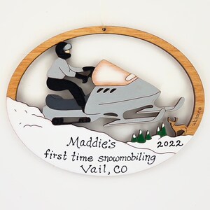 Personalized Snowmobile Christmas Ornament-Wood, Hand Painted, Laser Cut Gray