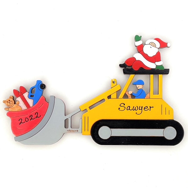 Personalized Christmas Bulldozer Skid Steer Construction Ornament- Wood, Laser Cut, Hand Painted
