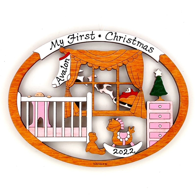 Personalized Baby's First Christmas Ornament for Baby Boy or Girl - Wood, Laser Cut, Hand Painted 