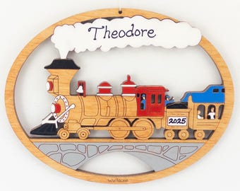 Personalized Children's Train Christmas Ornament- Wood, Laser Cut, Hand Painted