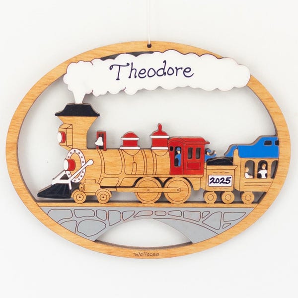 Personalized Children's Train Christmas Ornament- Wood, Laser Cut, Hand Painted
