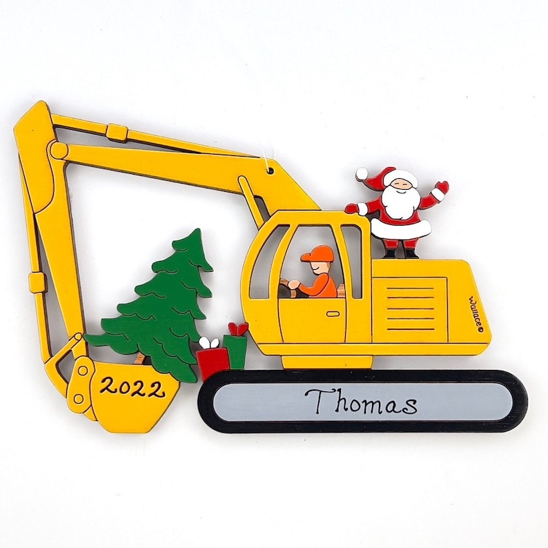 Personalized Christmas Excavator Construction Ornament Wood, Laser Cut, Hand Painted image 2