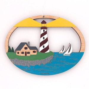 Lighthouse Summer Sailboat Scene Ornament-Wood, Laser Cut, Hand Painted image 1