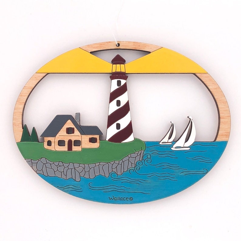 Lighthouse Summer Sailboat Scene Ornament-Wood, Laser Cut, Hand Painted image 1
