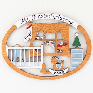 Personalized Baby&#39;s First Christmas Ornament for Baby Boy or Girl - Wood, Laser Cut, Hand Painted