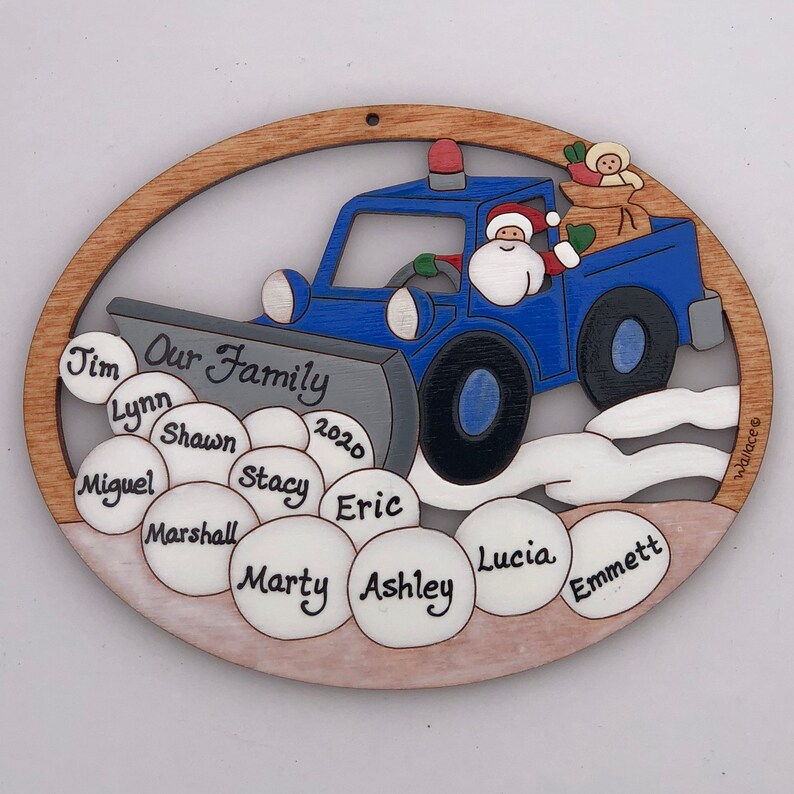 Hand Painted Personalized Snowplow Christmas Ornament Wood Laser Cut